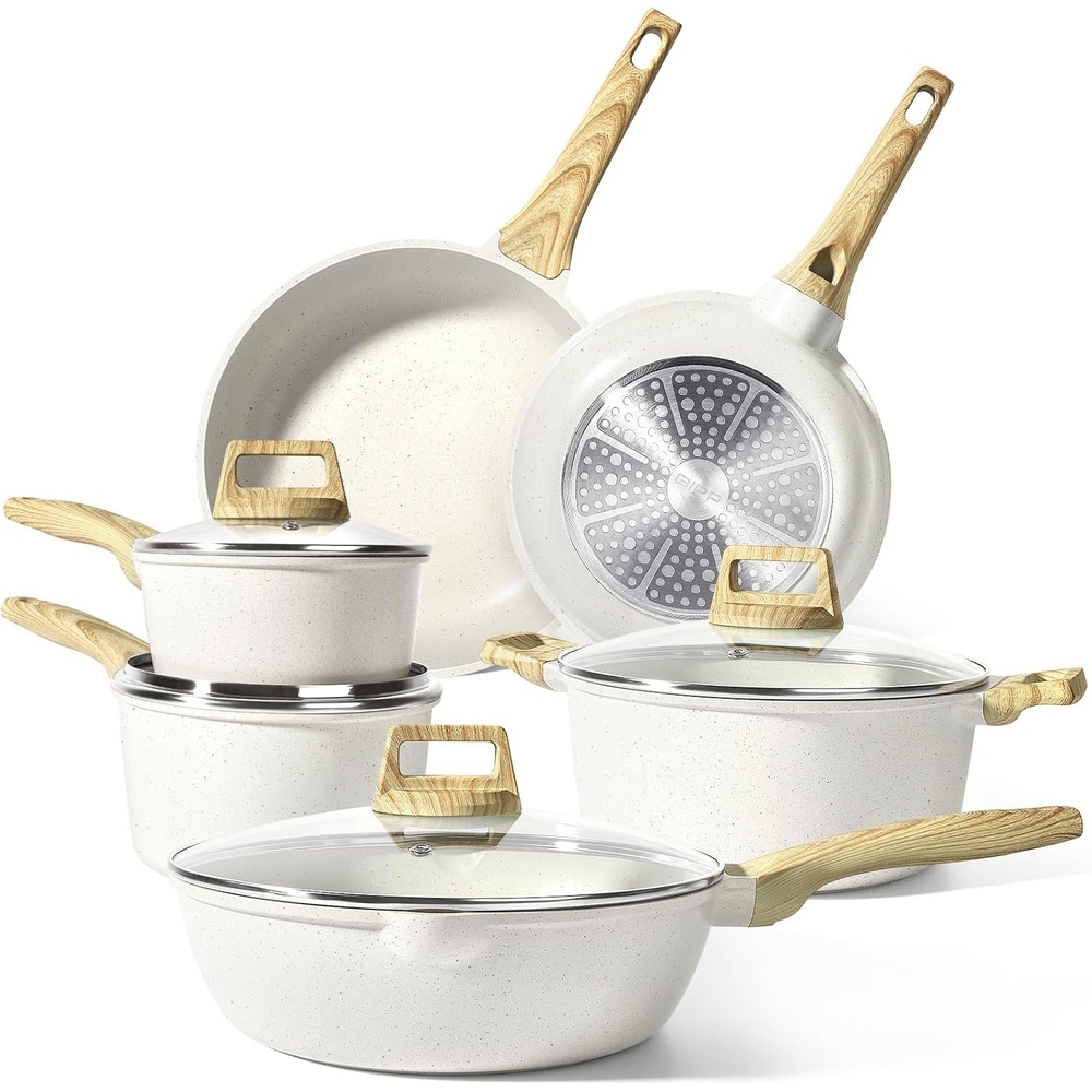 image:imageGiPP Pots and Pans Set Non Stick 10 Pcs White Granite Kitchen Cookware Sets Nonstick Induction Cookware Nontoxic Cooking Pan Set with Lids PFOS and PFOA FreeWhite