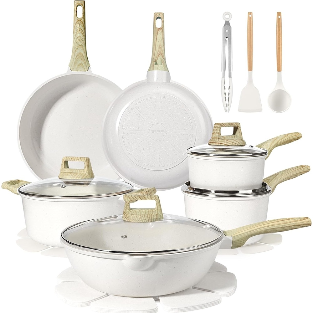 image:imageGiPP Pots and Pans Set Non Stick 10 Pcs White Granite Kitchen Cookware Sets Nonstick Induction Cookware Nontoxic Cooking Pan Set with Lids PFOS and PFOA FreeCream White